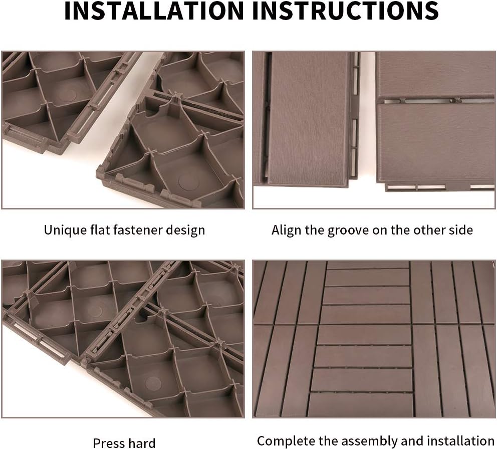 Patio Deck Tiles, 12 x 12 inches Composite Interlocking Decking Tile, Four Slat Plastic Outdoor Flooring, 9 Pieces One