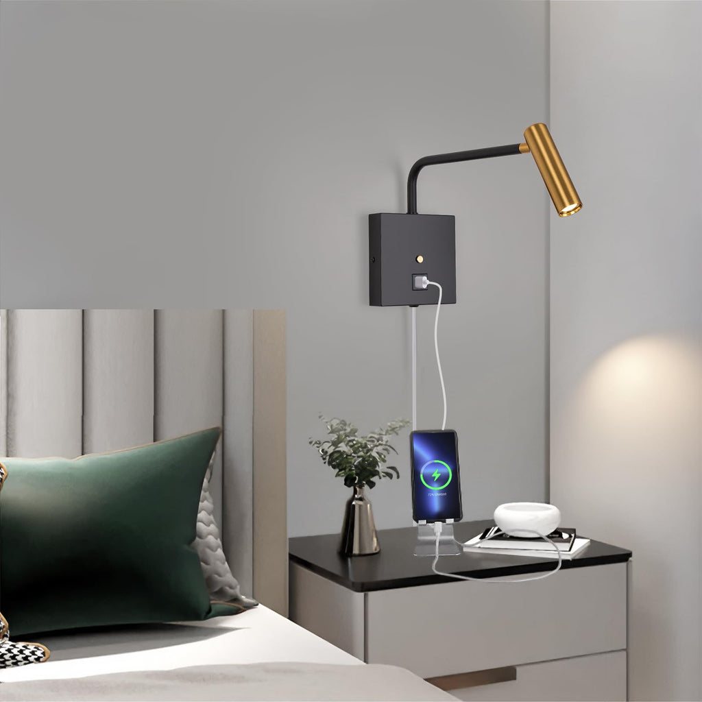 LED Wall Lamp Wall Mounted Reading Lights, Dimmable Adjustable Headboard Plug in Wall Sconce with USB C+A Ports