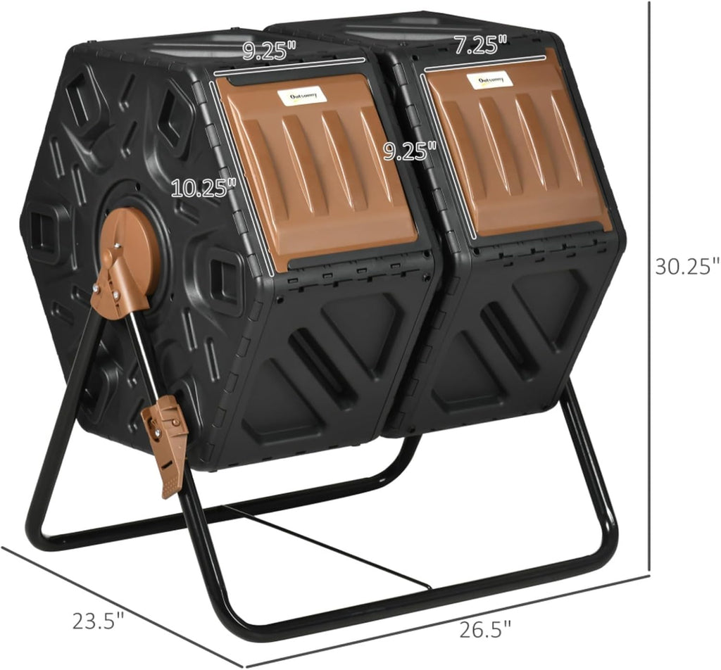 Outdoor Dual Chamber Compost Tumbler Bin with Steel Frame and 4 Ventilation Openings for Garden, Park, Kitchen