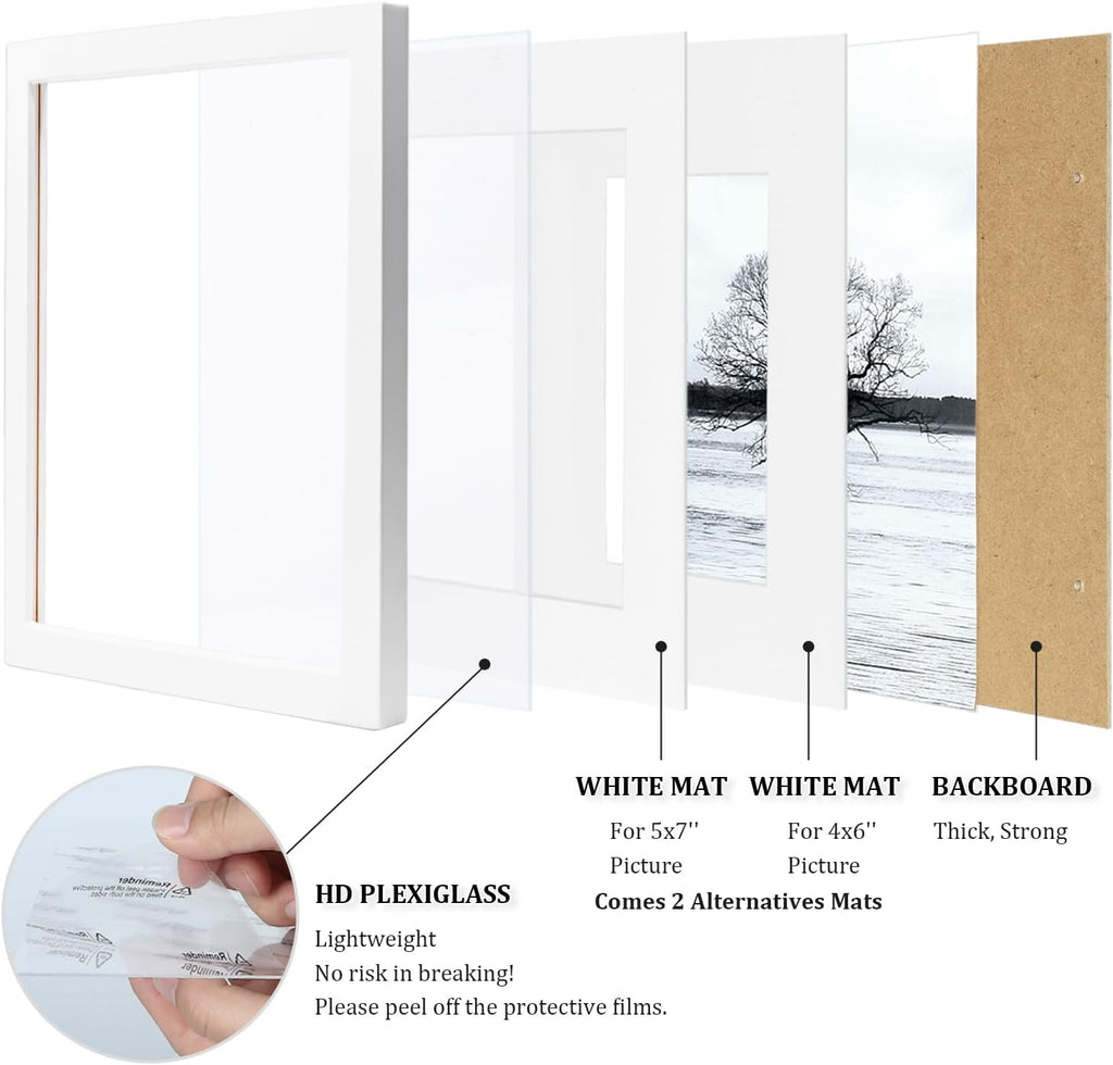 8x10 Picture Frames Set of 4, Made of Solid Wood Covered by Plexiglass 4x6 and 5x7 with Mat or 8x10 without Mat, for