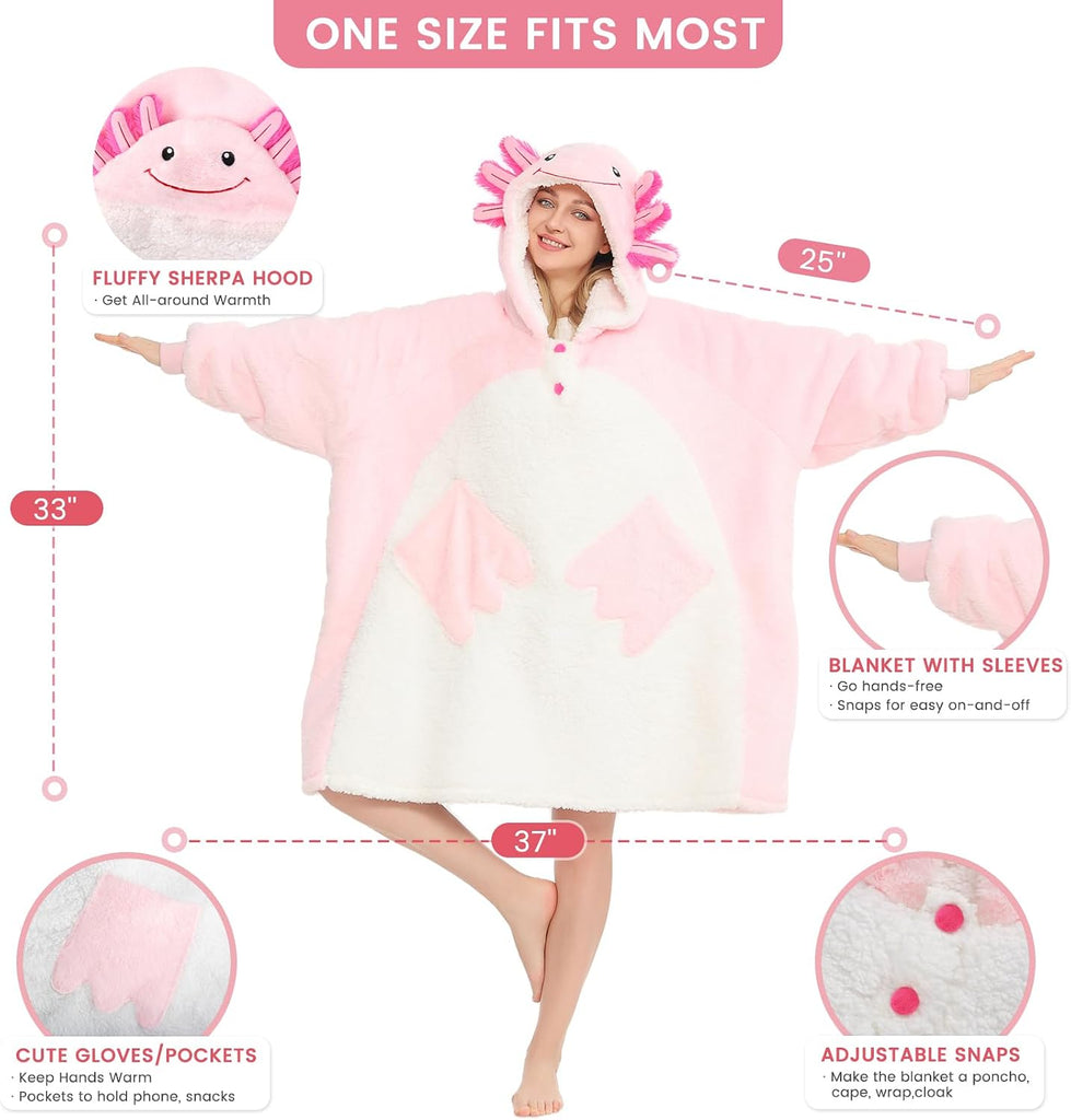 Axolotl Wearable Blanket Hoodie for Women & Men - Oversized Snuggable Sweatshirt with Paw Print Shaped Pockets