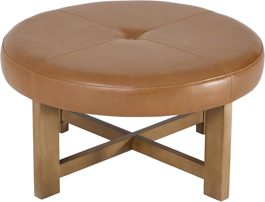 35" Round Leather Ottoman Coffee Table with Wood Cross Base, Light Brown