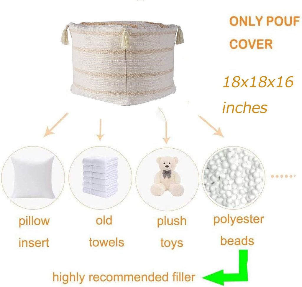 Tufted Woven Pouf Cover w/Tassels, Boho Square Ottoman 18"x18"x16"