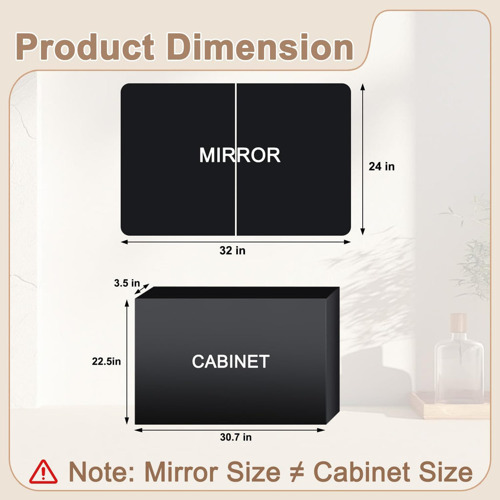 32x24 in Double Door Medicine Cabinet with Mirror, Matte Black | Fully Assembled; Recessed or Surface Wall Mount;