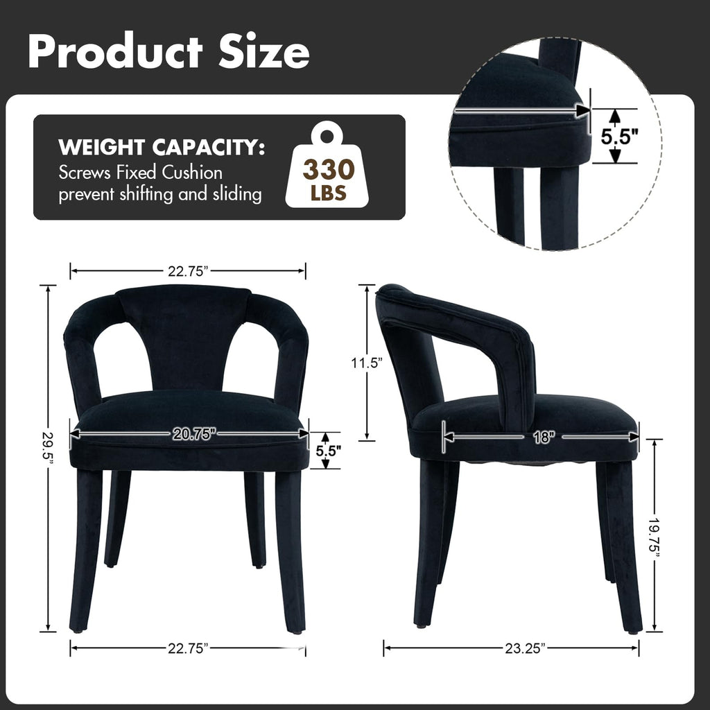 Black Velvet Dining Chairs Set of 4, Modern Upholstered Accent Chairs with Curved Back & Arms, Comfy Large Fully