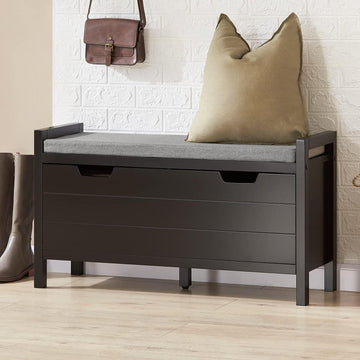 Shoe Storage Bench with Flip-Down Door and Padded Cushion, Shoe Bench, Black