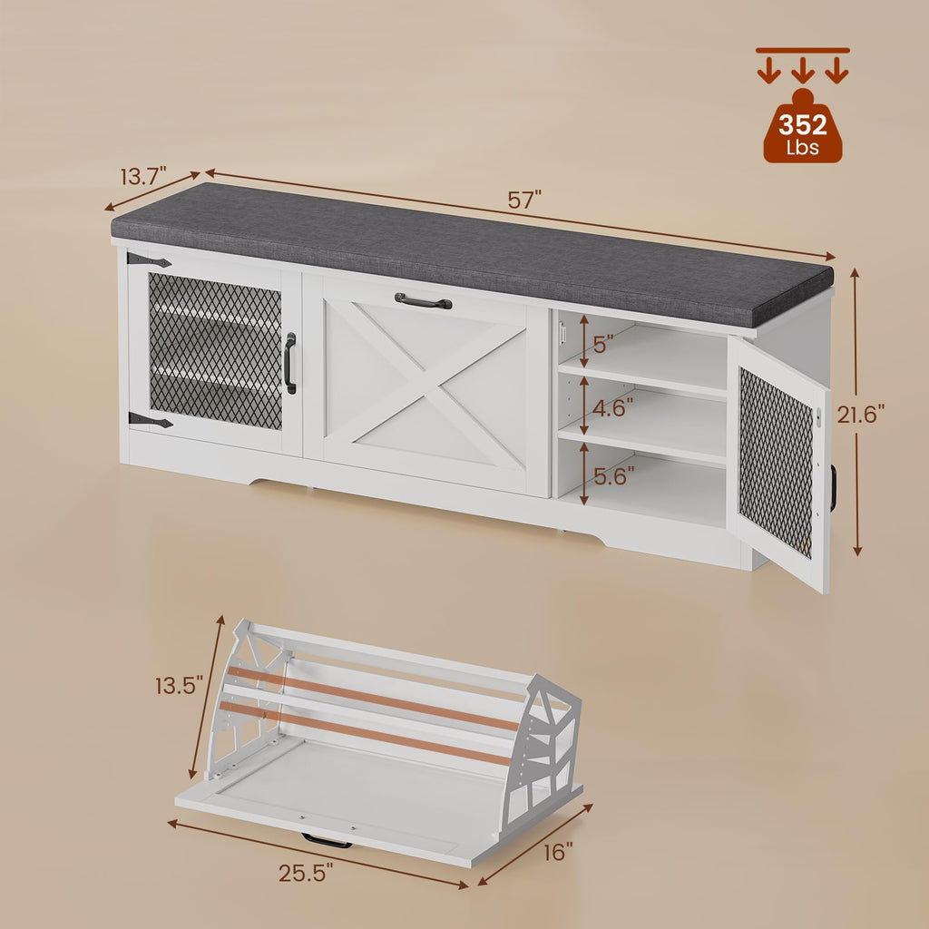 Farmhouse Storage Bench with Flip Drawers & Padded Seat Cushion, Half Hidden Shoe Rack Organizer, Adjustable Shelf