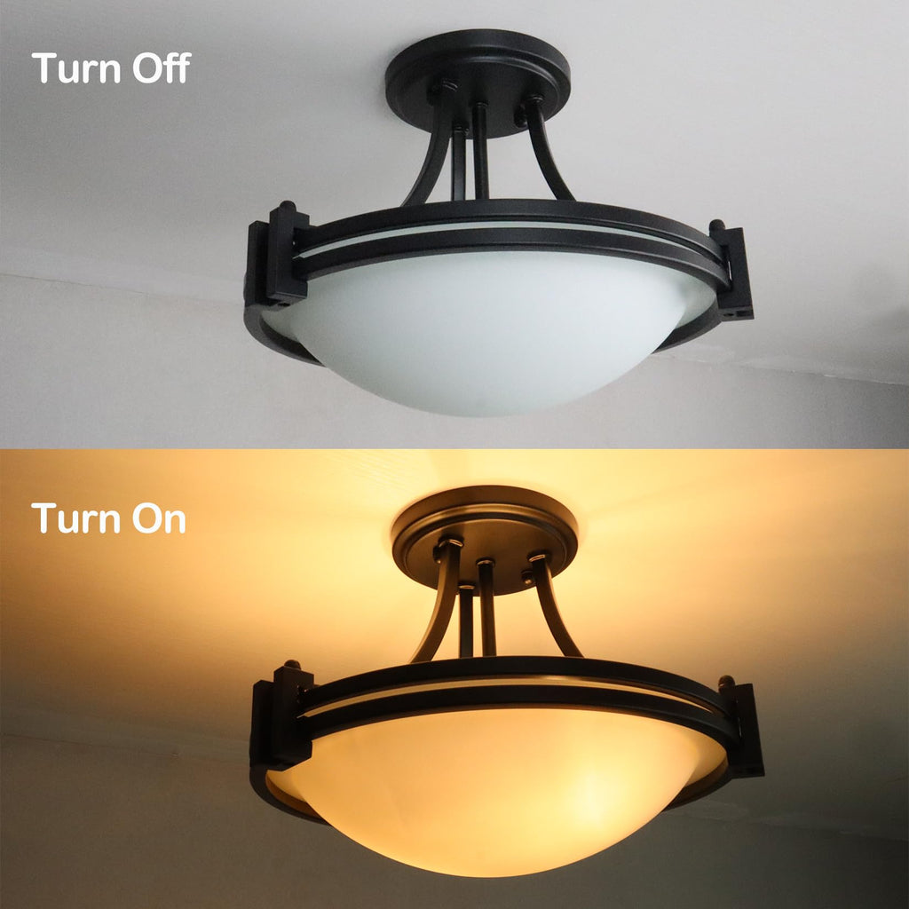 Modern Black Semi Flush Mount Ceiling Light with Milk Glass 12"
