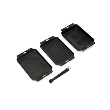 Cast Iron Sizzle Plates 3-Piece Set - Deep Pan, Shallow Pan, Grill Pan with Removable Handle, Pre-Seasoned, Heat