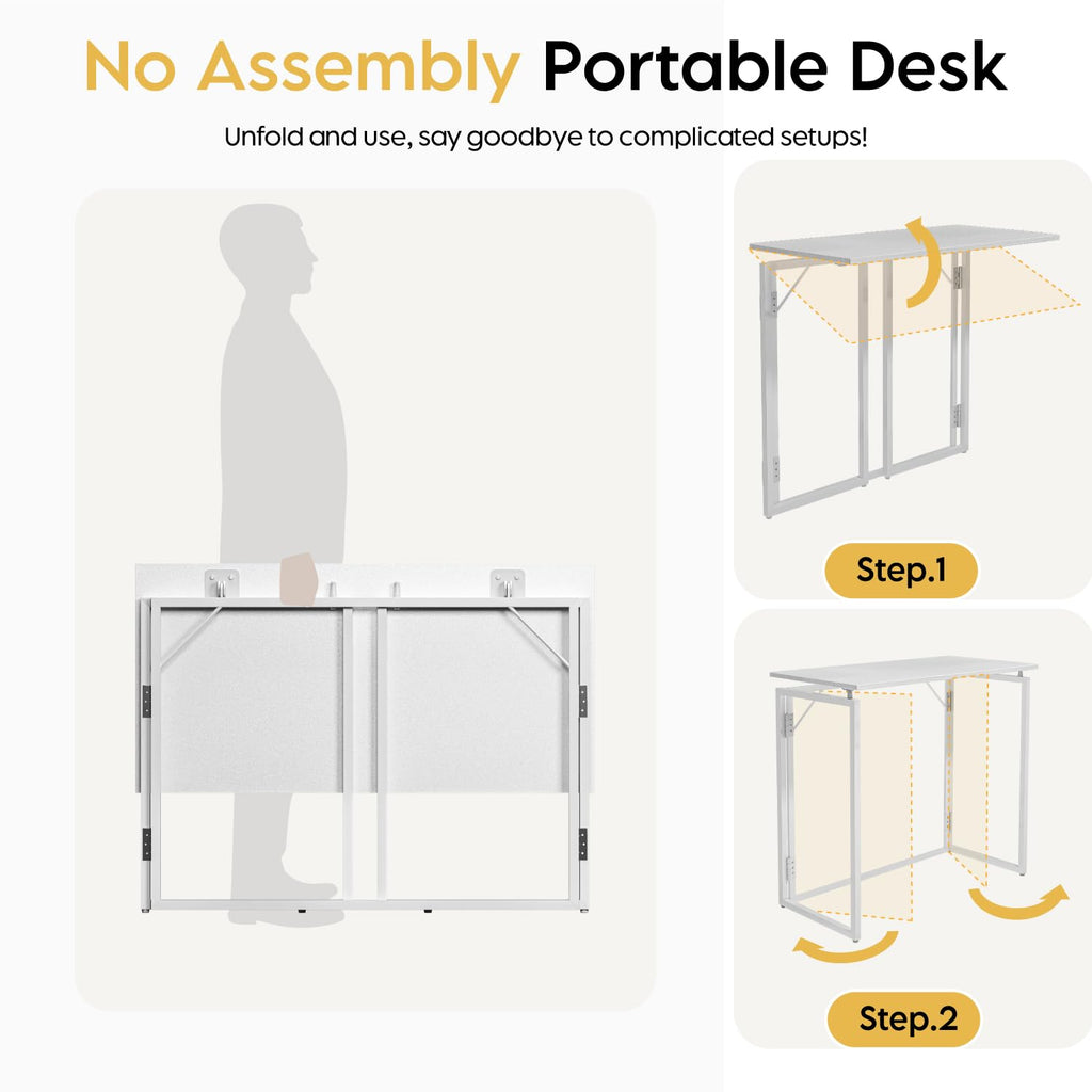 39.4" Folding Desk: No Assembly, Wood Top for Small Spaces