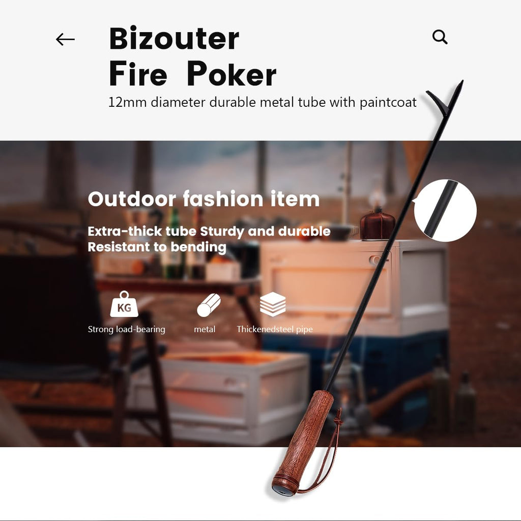 2-in-1 34inch Foldable Fire Poker for Fire Pit & Blow Stick, Wooden Handle