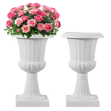 Plastic Urn Planters, 15.8 x 26.4 Inch, 2 Pack White Classic Flower Pots Front Porch Planters, Indoor & Outdoor Vase
