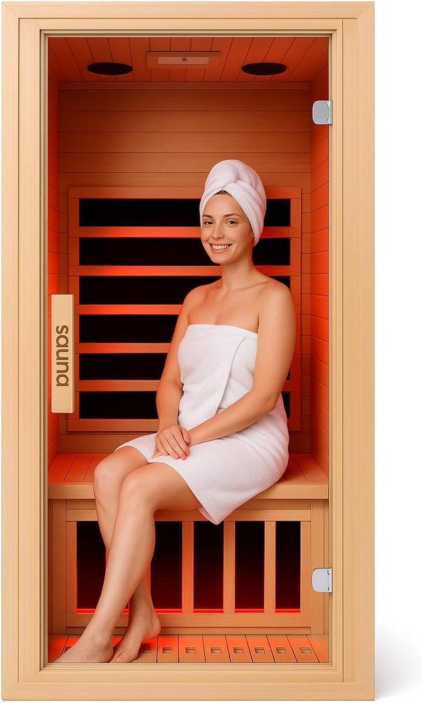 Infrared Home Sauna Room 1 Person Hemlock Wooden Indoor Dry Sauna，Low EMF 1200W/110V Heaters Panels,LCD Control