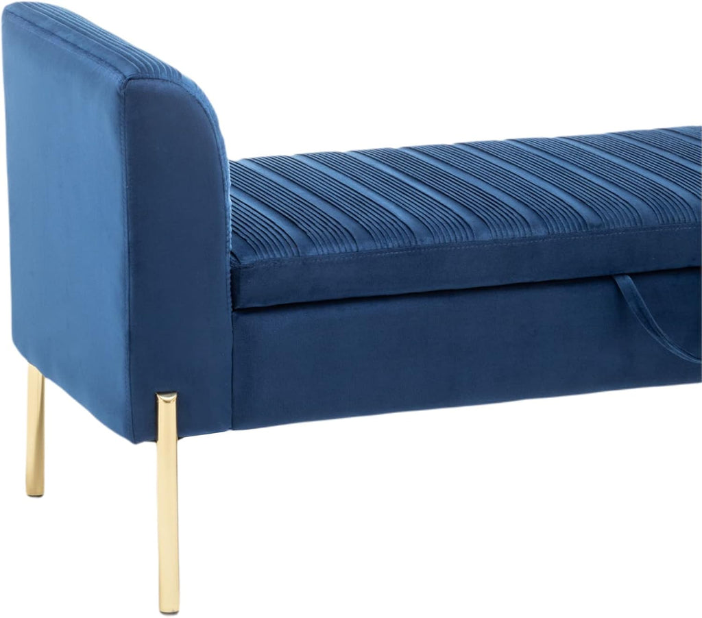 Modern Blue Velvet Storage Bench End of Bed Bench Ottoman, Upholstered Armed Entryway Bench Long Settee
