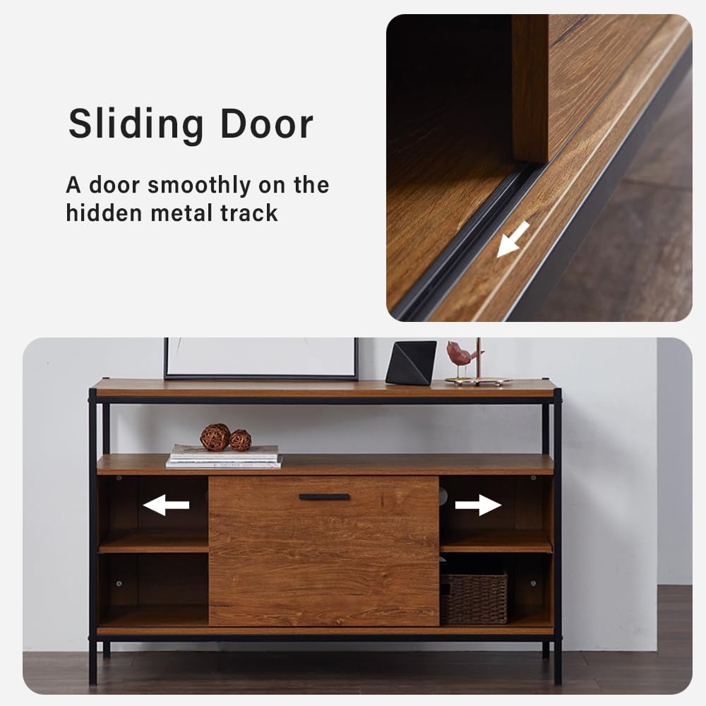 48" Sliding Barn Door TV Media Stand with Storage Shelves, Industrial Entertainment Center with Slide Door Cable