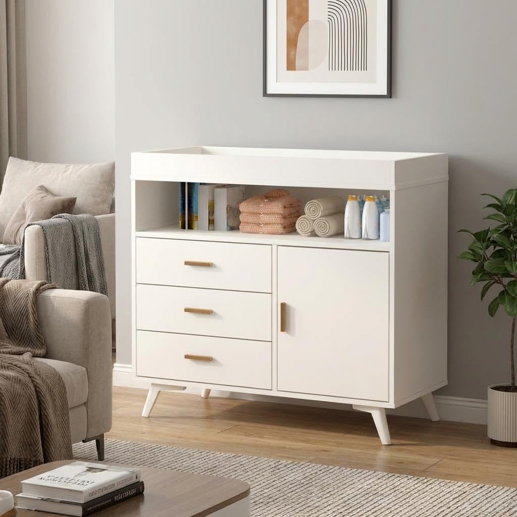 Baby Changing Table Dresser with Table Top, 3 Drawers & Open Shelf | Wooden Diaper Changing Station with Safety Rails