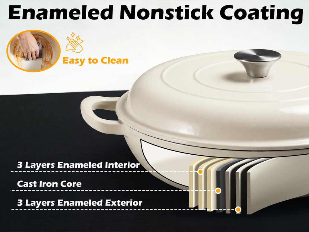 3.6QT Enameled Cast Iron Skillets Braiser Pan with Lid, Cream White