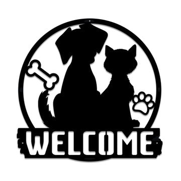 Cat and Dog Welcome Metal Sign for front door Pet Lover Metal Decoration Large 12 inch Thick metal Wall Hanging Decor