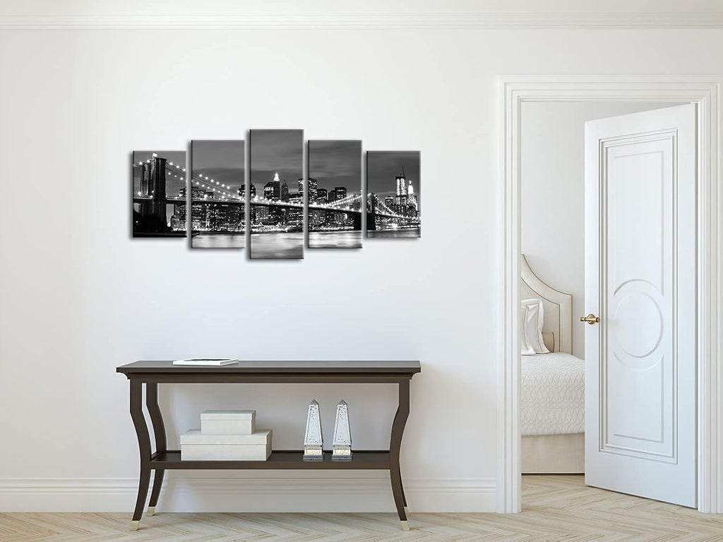 New York Brooklyn Bridge Canvas Wall Art Night View 5 Panels Modern Landscape Artwork Canvas Prints Abstract Pictures