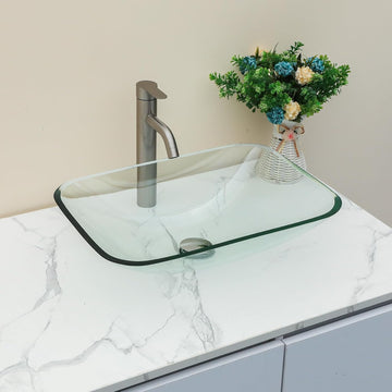 Bathroom Vessel Sink Tempered Glass Bowl Vessel Sink with Pop-up Drain Combo 20-1/4 x 14-1/2 Inch Transparent