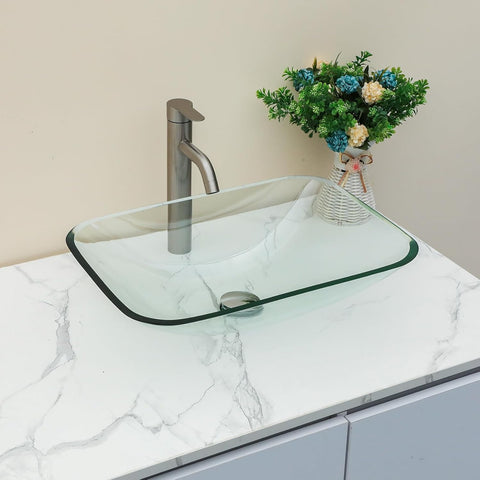 Sarlai Bathroom Vessel Sink Tempered Glass Bowl Vessel Sink with Pop-up Drain Combo 20-1/4 x 14-1/2 Inch Transparent