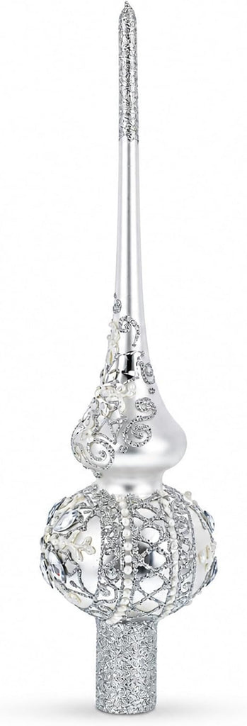 White Jewels Star on Glossy Silver Glass Christmas Tree Topper 11 Inches