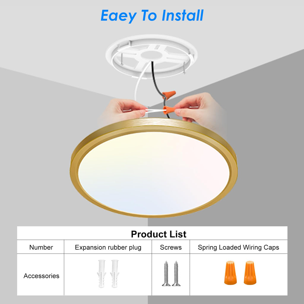 12 Inch LED Ceiling Light Gold, 24W Slim Flush Mount Ceiling Light 3000K/4000K/6500K Adjustable, Modern Round Ceiling
