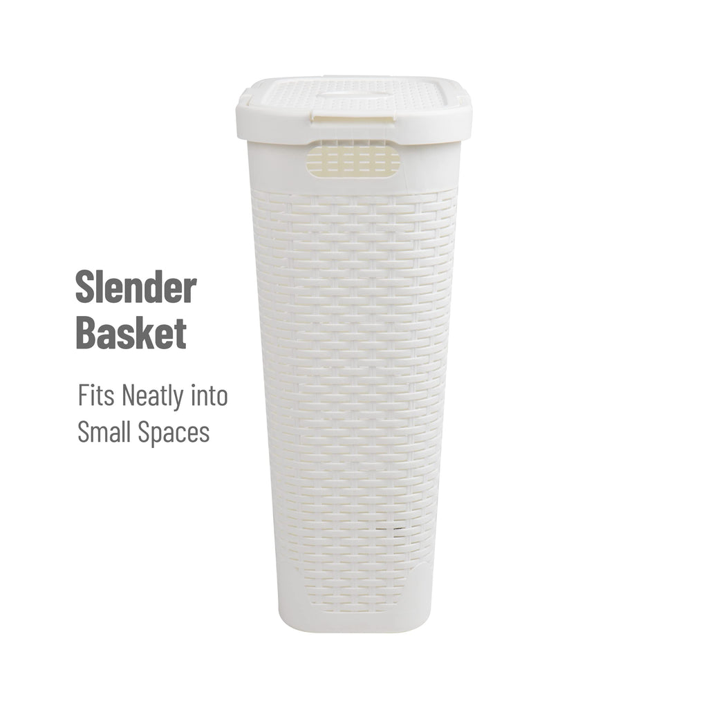 Slim Laundry Hamper with Lid, 40L Clothes Basket, Narrow Tapered Design with Ventilated Cutout Pattern, Plastic, White