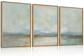 Sage Green Abstract Framed Canvas Wall Art, Large Watercolor Landscape Wall Decor, Neutral Minimalist Lake Artwork