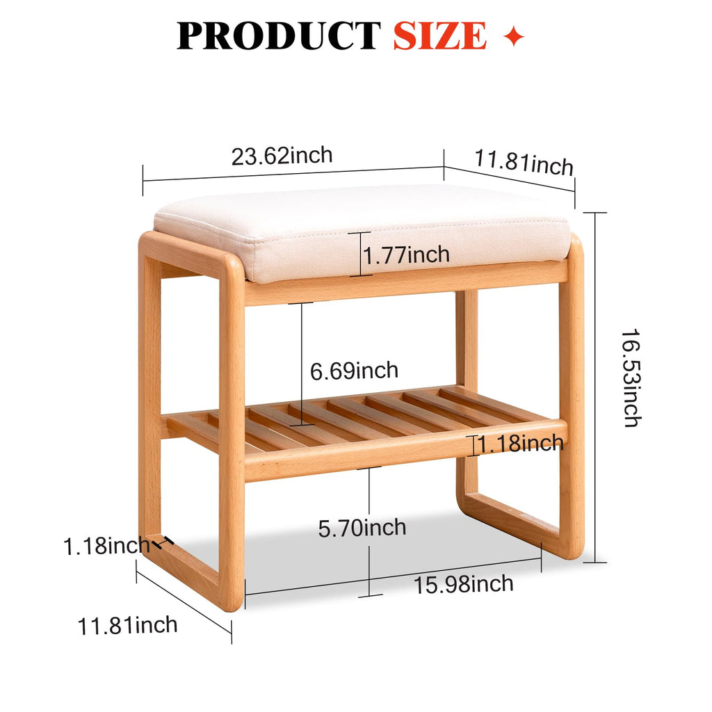 Solid Wood Shoe Bench, Shoe Rack Bench Assembled with Cushion, Beech Wood, 11.8" x 23.6" x 16.5", Natural