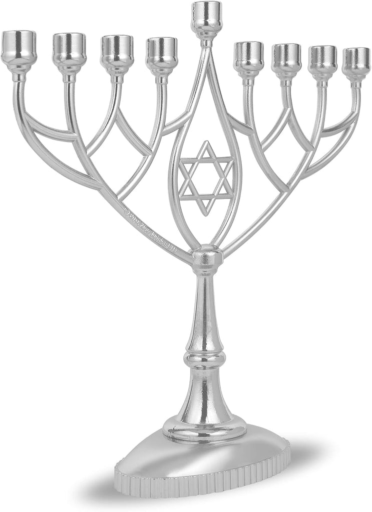 Traditional Classic Geometric Hanukkah 9" Silver Plated Chanukah Candle Minorah Fits Standard Hanukah Candles