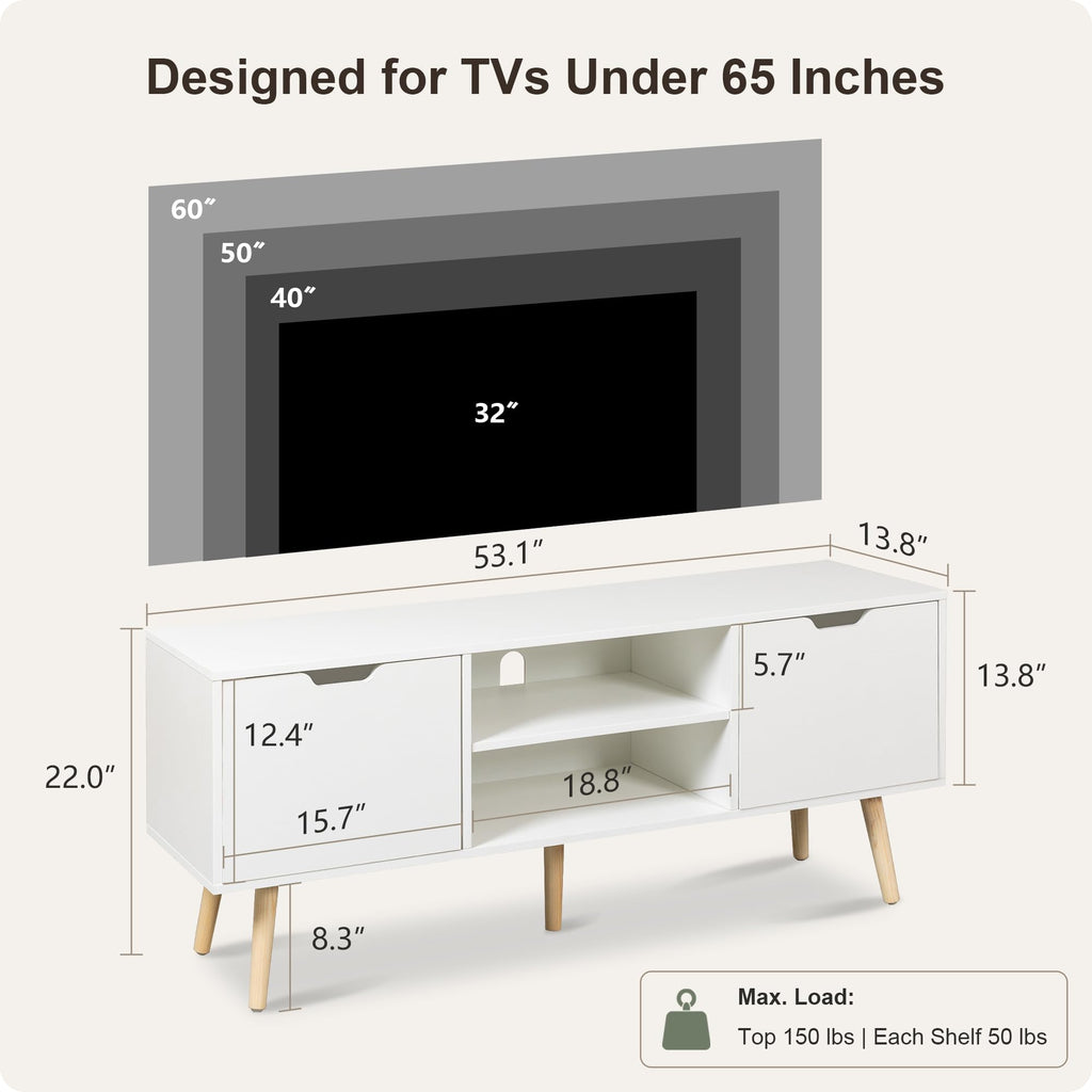 White TV Stand for 50 55 60+ Inch TVs, Modern TV Console with Storage Cabinets, Open Shelves and Solid Wood Legs