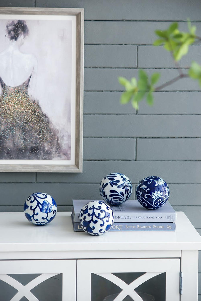 Set of 4 Porcelain Decorative Spheres - Handcrafted Traditional Blue and White Floral Orbs Decor, Tabletop Accent