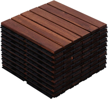 Wood Interlocking Deck Tiles, 12" x 12" Square Outdoor Flooring, Water-Resistant Patio Tiles for Balcony, Poolside
