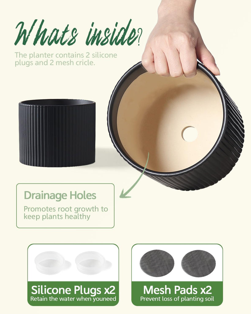 Matte Black Ceramic Plant Pots, 8.1 + 6 Inch Planters for Indoor Plants, Modern Flower Pots with Drainage, Two-Sizes