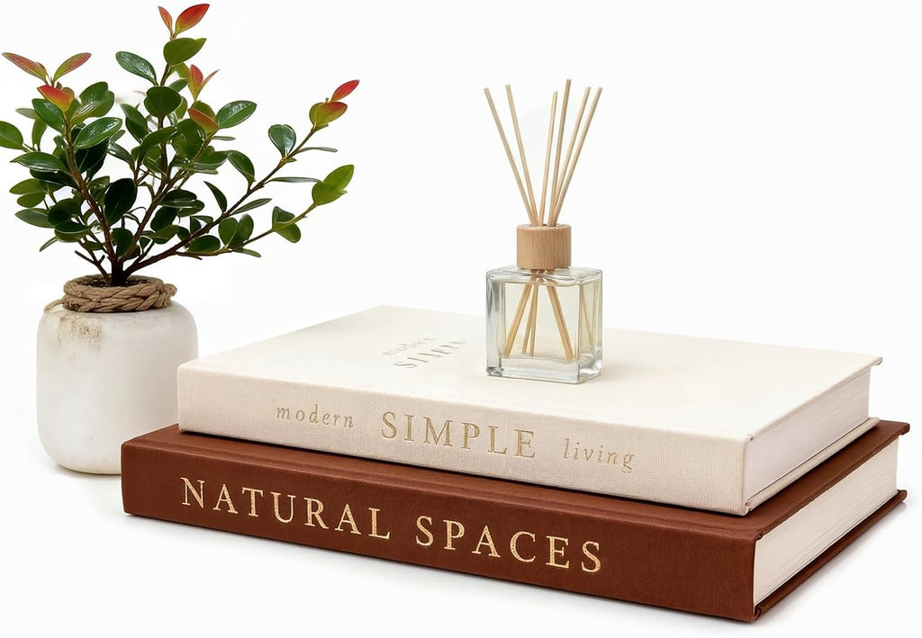Elegant Decorative Books Set of 2, Linen Covered Decor Books with Gold Lettering & Magnetic Clasps for Storage.