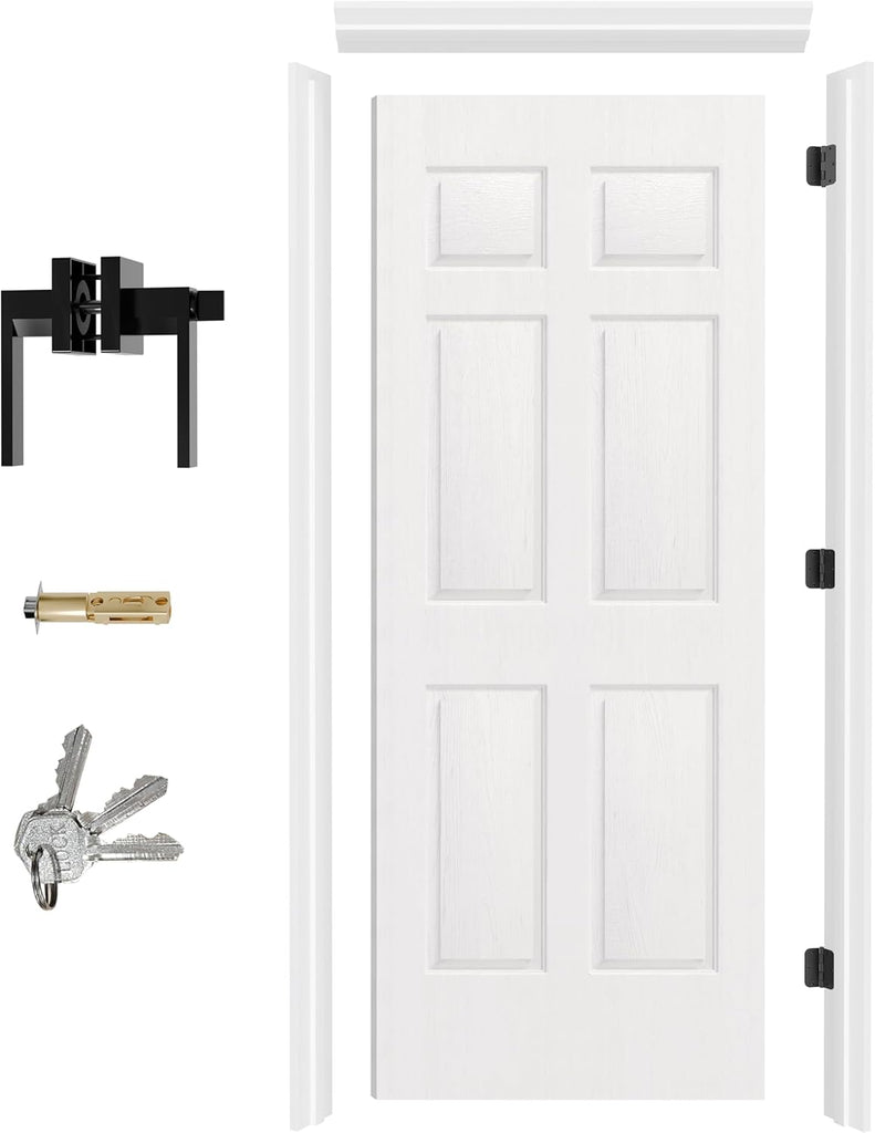 Prehung Door, 6-Panel Hollow Core Door Slab with Door Jamb Hardware Kit & Black Door Lever, 24" x 80" Interior Door