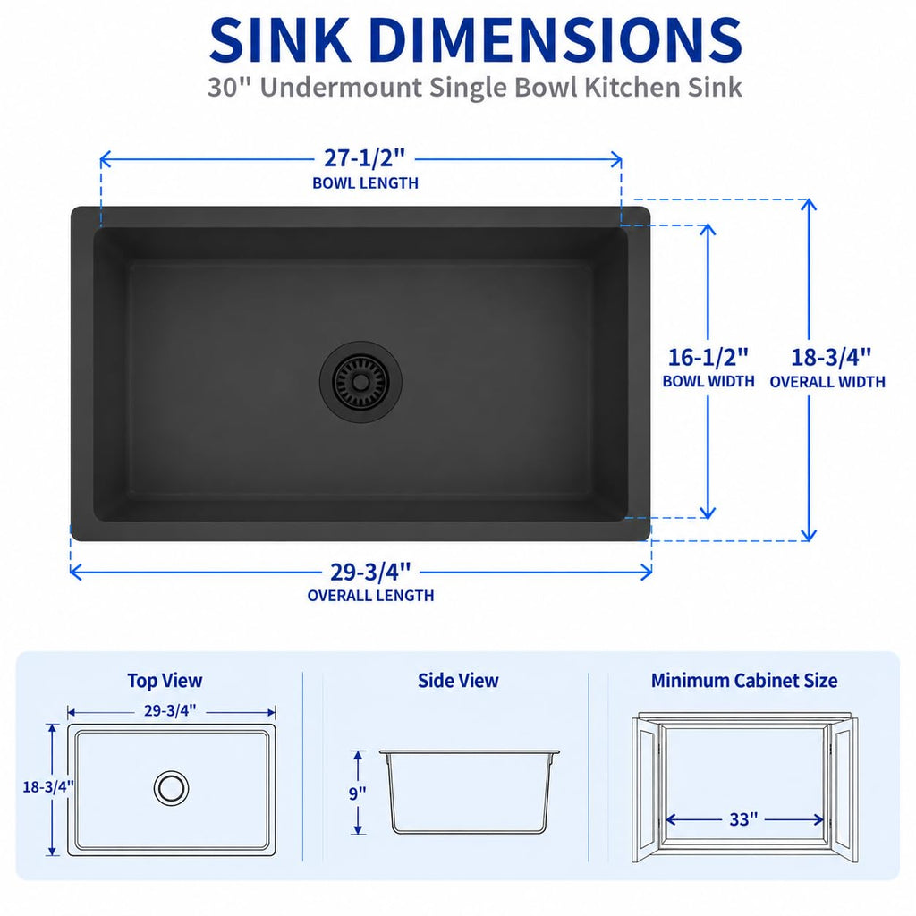 Black Kitchen Sink, 30 Inch Granite Composite Undermount Single Bowl Sink