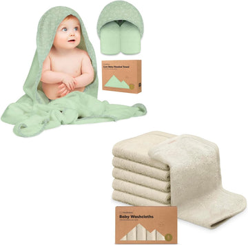 Baby Hooded Towel and Pack Organic Baby Washcloths - Viscose from Bamboo Baby Towel, Soft Bamboo Viscose Washcloth