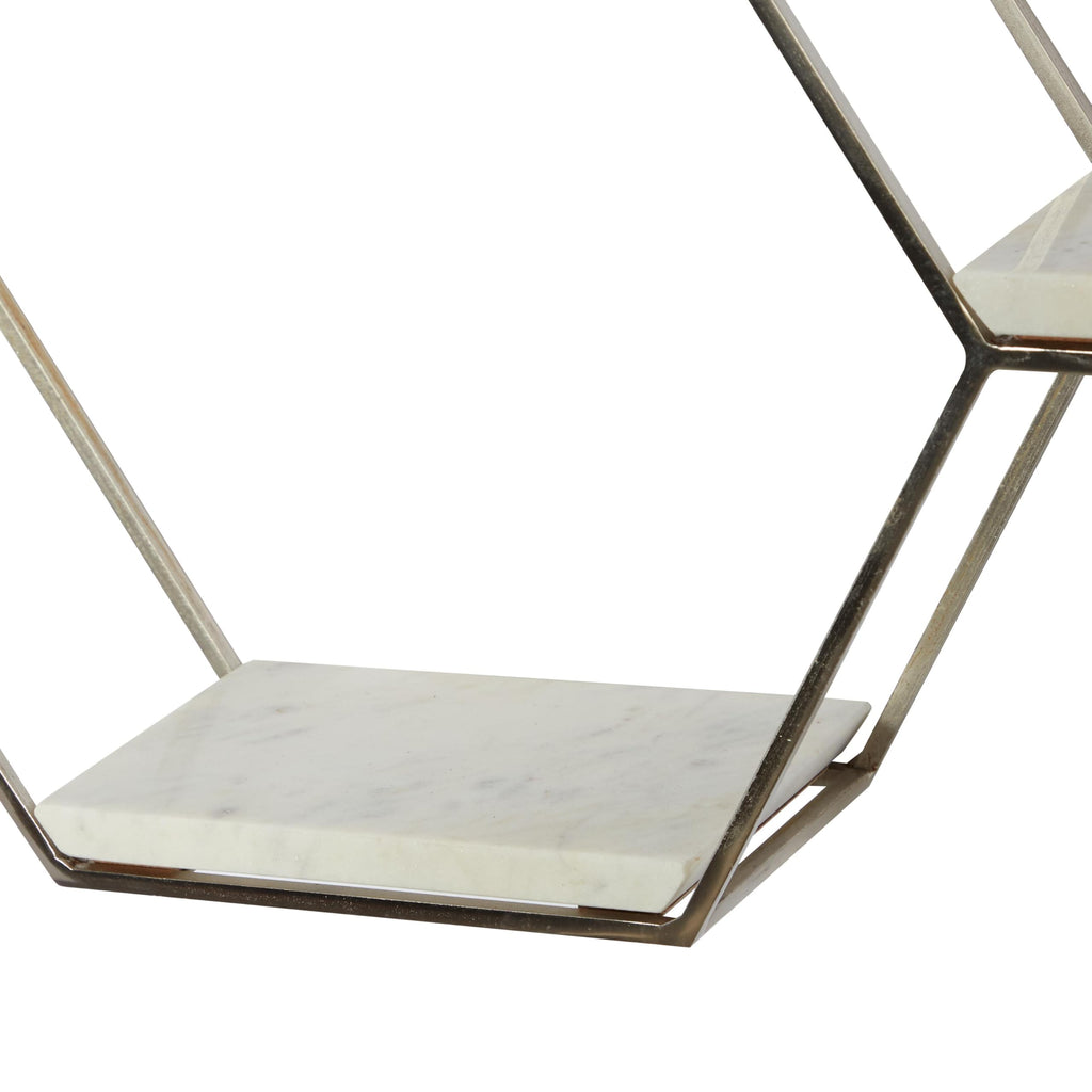 Metal Geometric Wall Shelf Hexagon with 3 Marble Shelves, 26" x 5" x 24", Silver