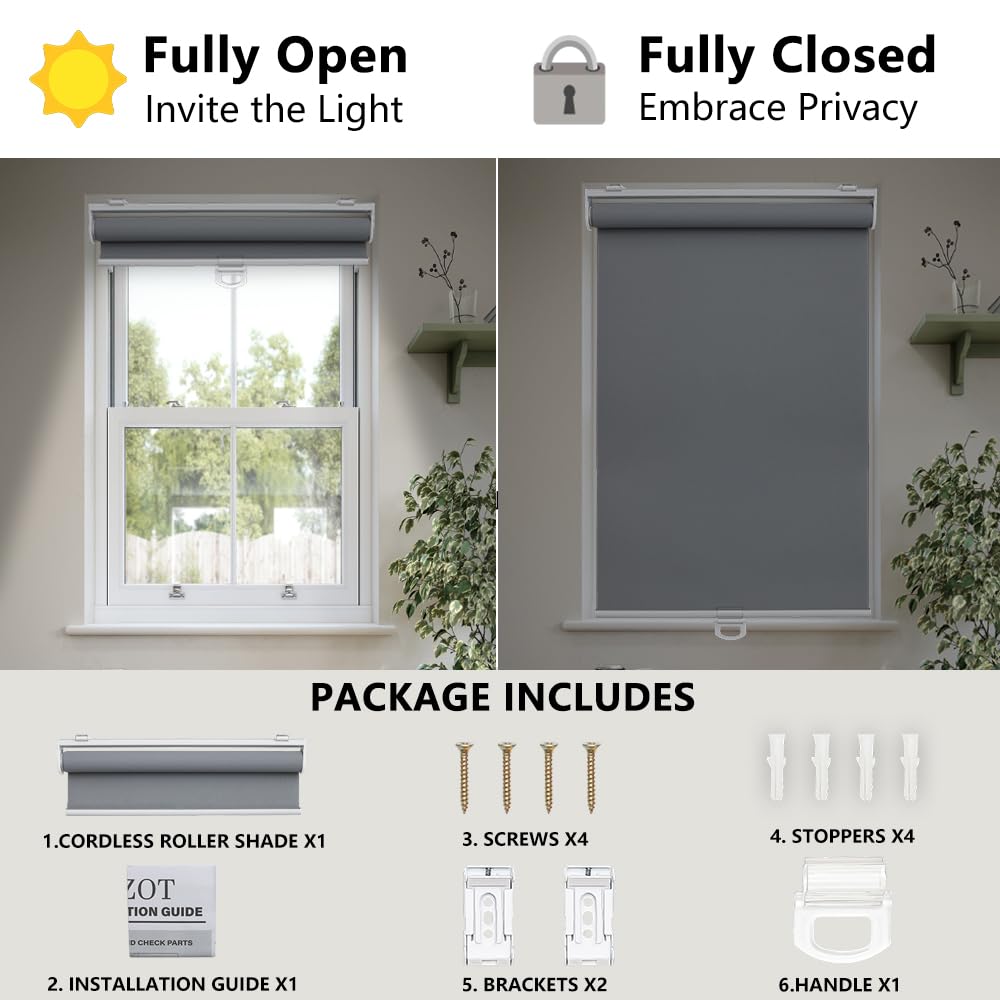 Cordless Blackout Roller Shades for Indoor Windows, Grey
