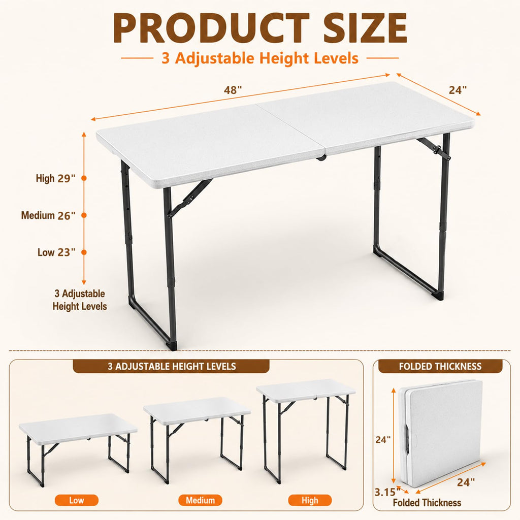4 Foot Folding Table, Portable Fold-in-Half Utility Table [3 Adjustable Height][4FT Heavy Duty] for Party, Wedding