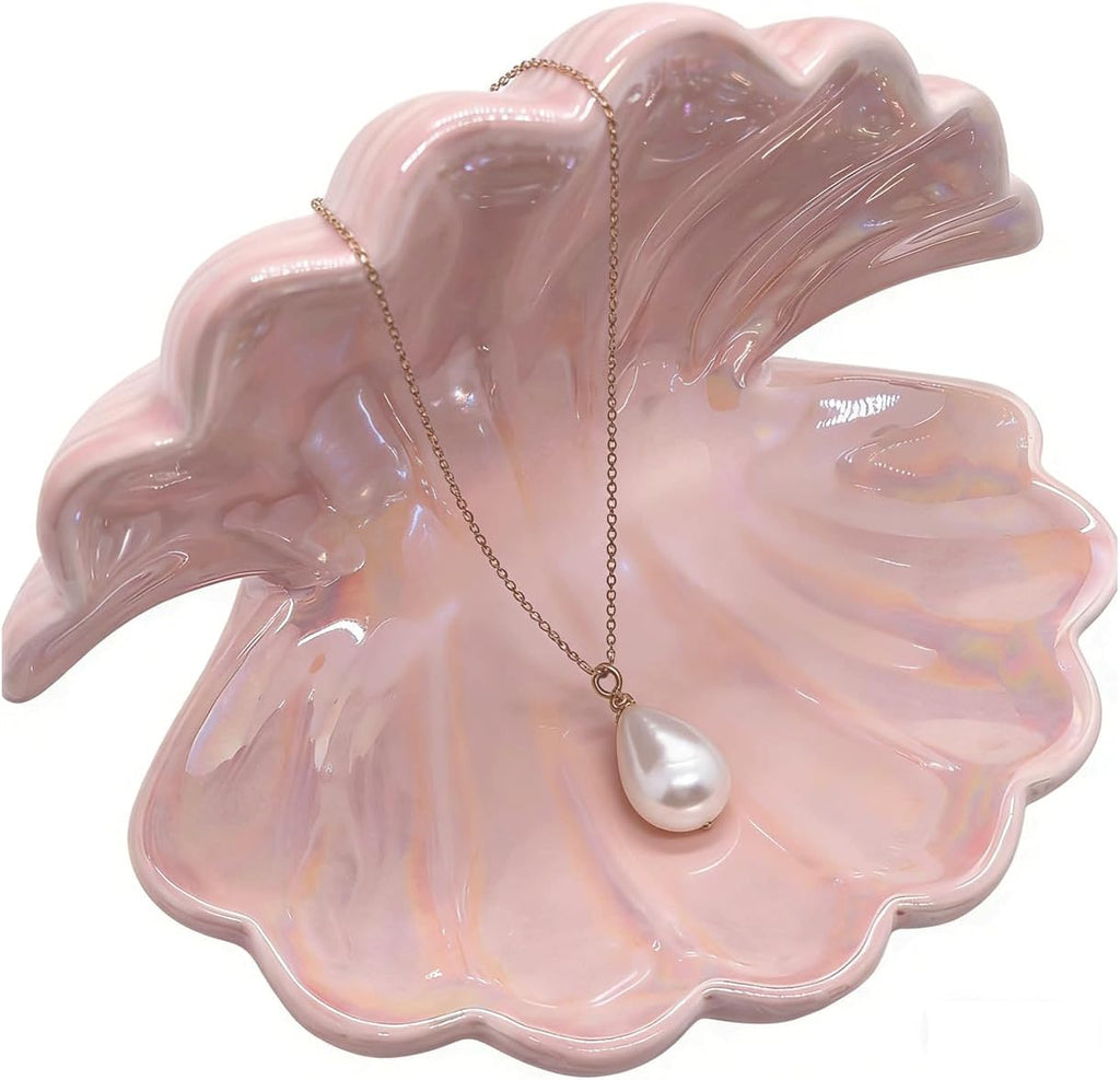 Ceramic Seashell Jewelry Tray Ring Dish - Pink Decorative Bowl for Vanity Dresser, Coastal Trinket Dish Holder