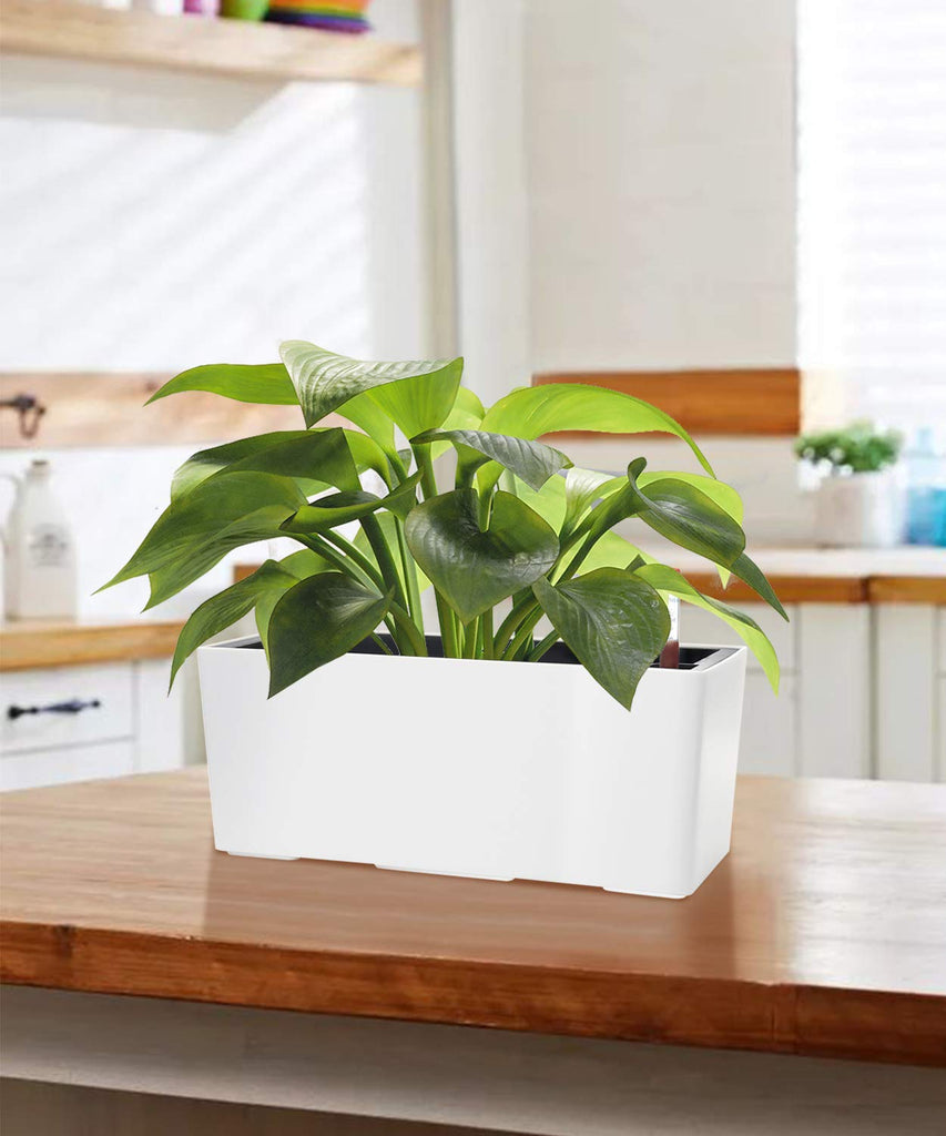 14" Self Watering Planter Pots with Water Level Indicator, Rectangle Matte Plastic Window Box for Indoor Outdoor