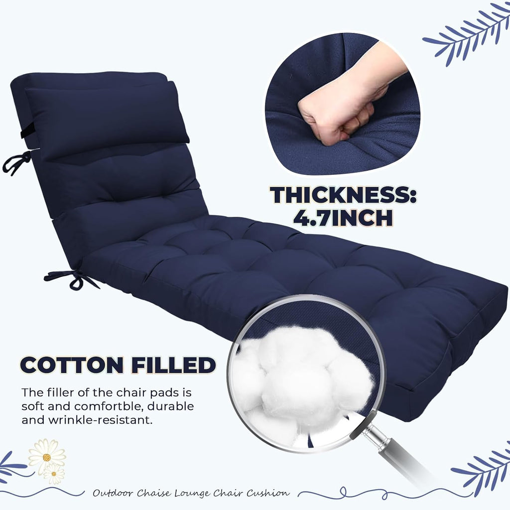 Waterproof Lounge Chair Cushion Set of 2, Outdoor Fade Resistant Chaise Lounger Replacement Cushions with 6 Ties