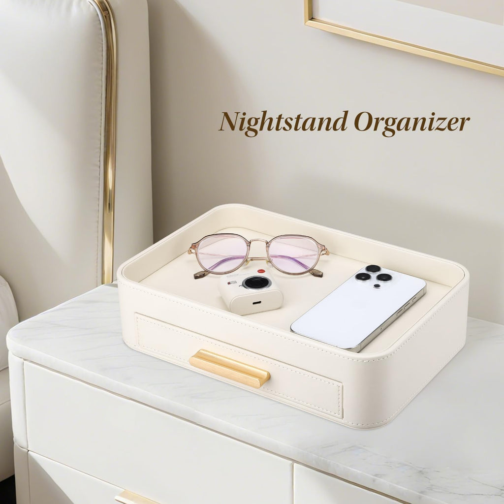 PU Leather Valet Tray with Drawer, Nightstand Organizer Catch All Tray for Jewelry Perfume Purse Trinket Key Holder
