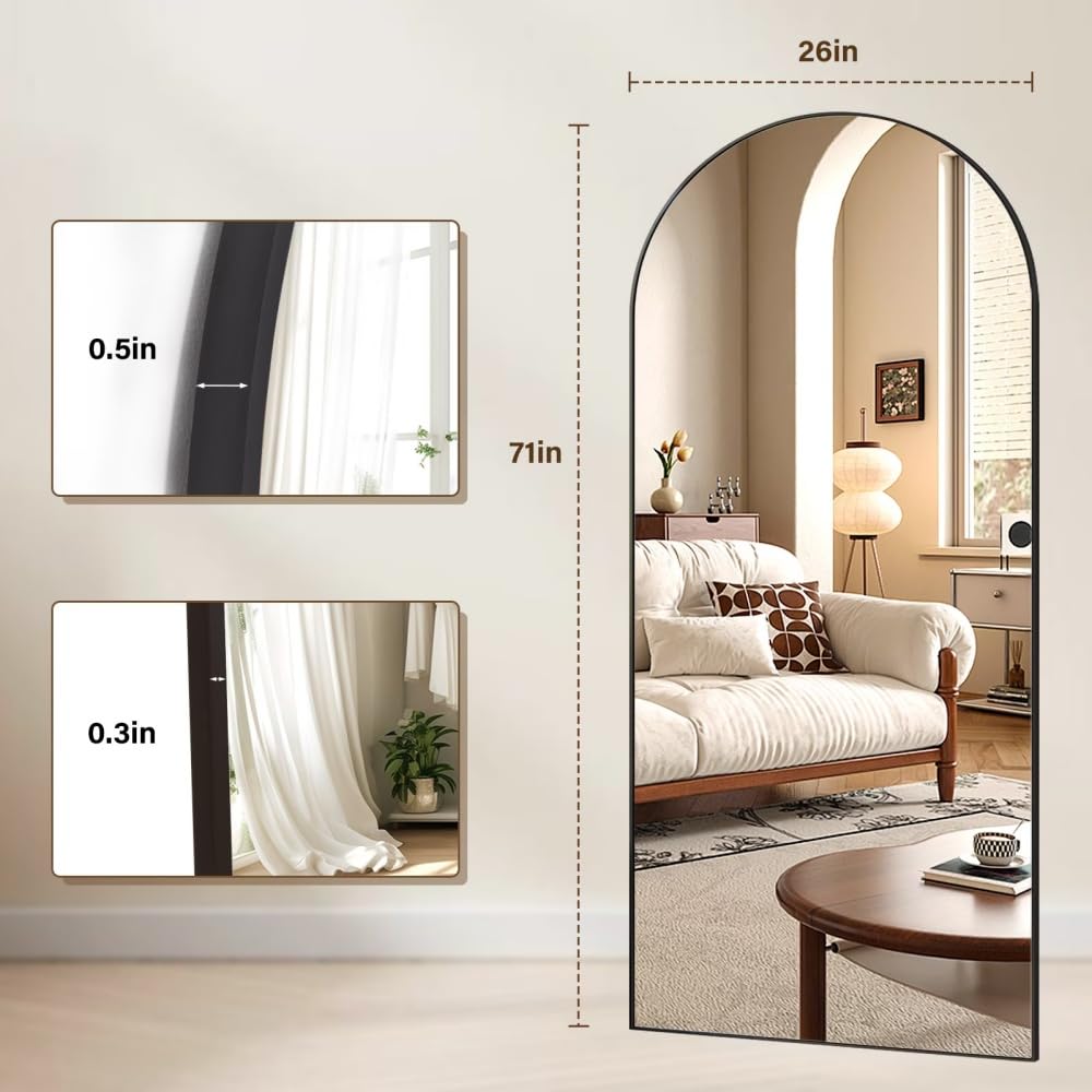 71" x 26" Arched Full Length Mirror, Black Frame Floor Standing Mirror, Full Body Dressing Mirror, Closet & Home