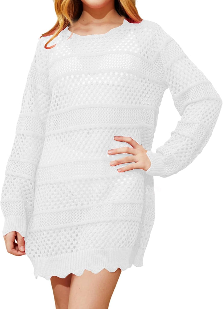 Girls Long Sleeve Swim Coverups Kids Fashion Crochet Beach Dress