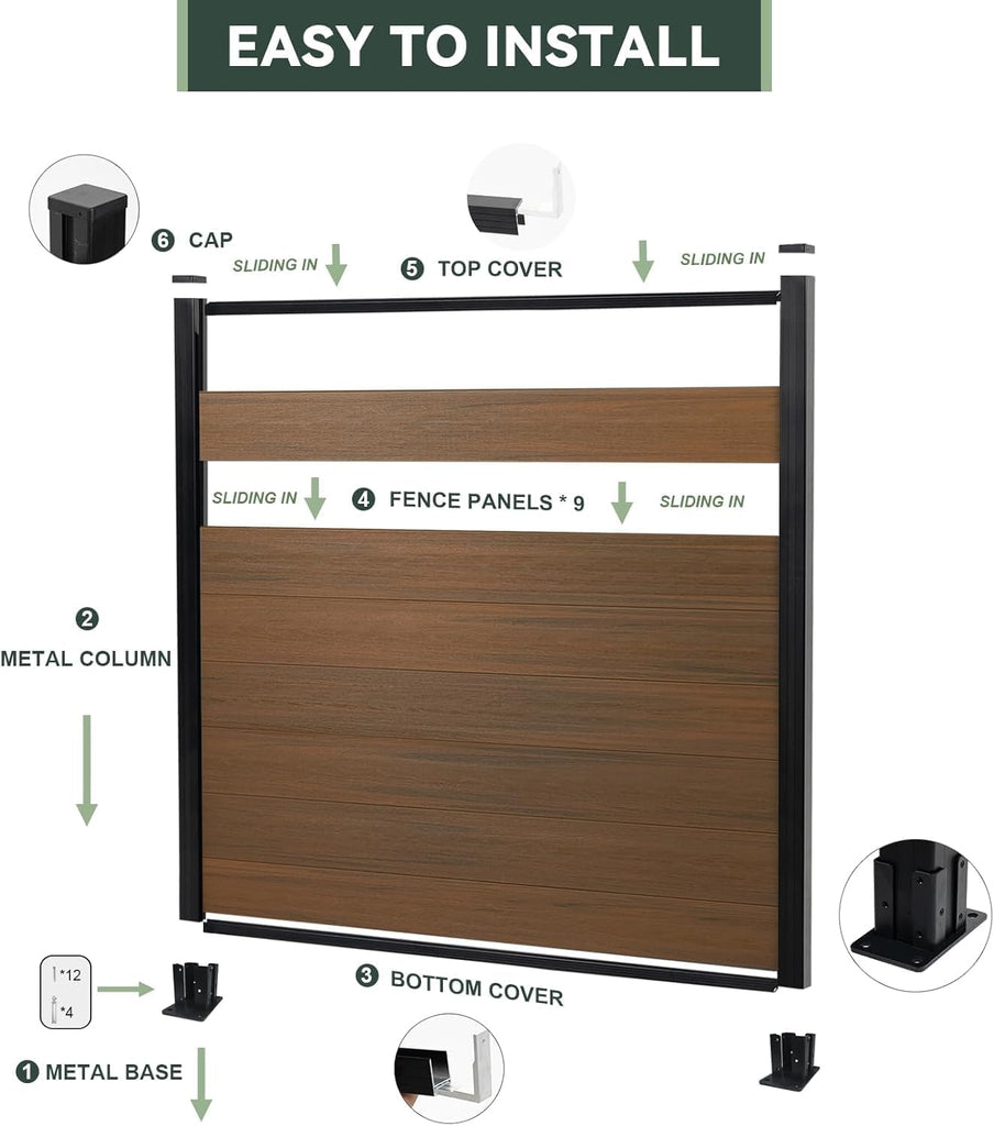 Privacy Fence Panels for Outside,6ft(W) x 6ft(H) Outdoor Privacy Panels with 2 Posts,Wind Resistant Wood Plastic