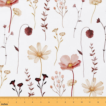 Watercolor Floral Fabric By The Yard Red Beige Flower